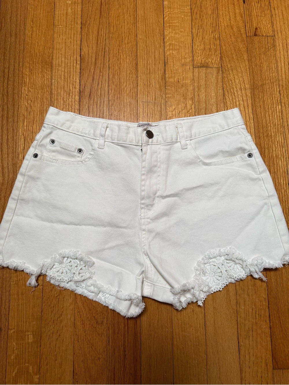 BluPepper White Denim Shorts with Crochet Lace Trim - Size Large Festival Boho